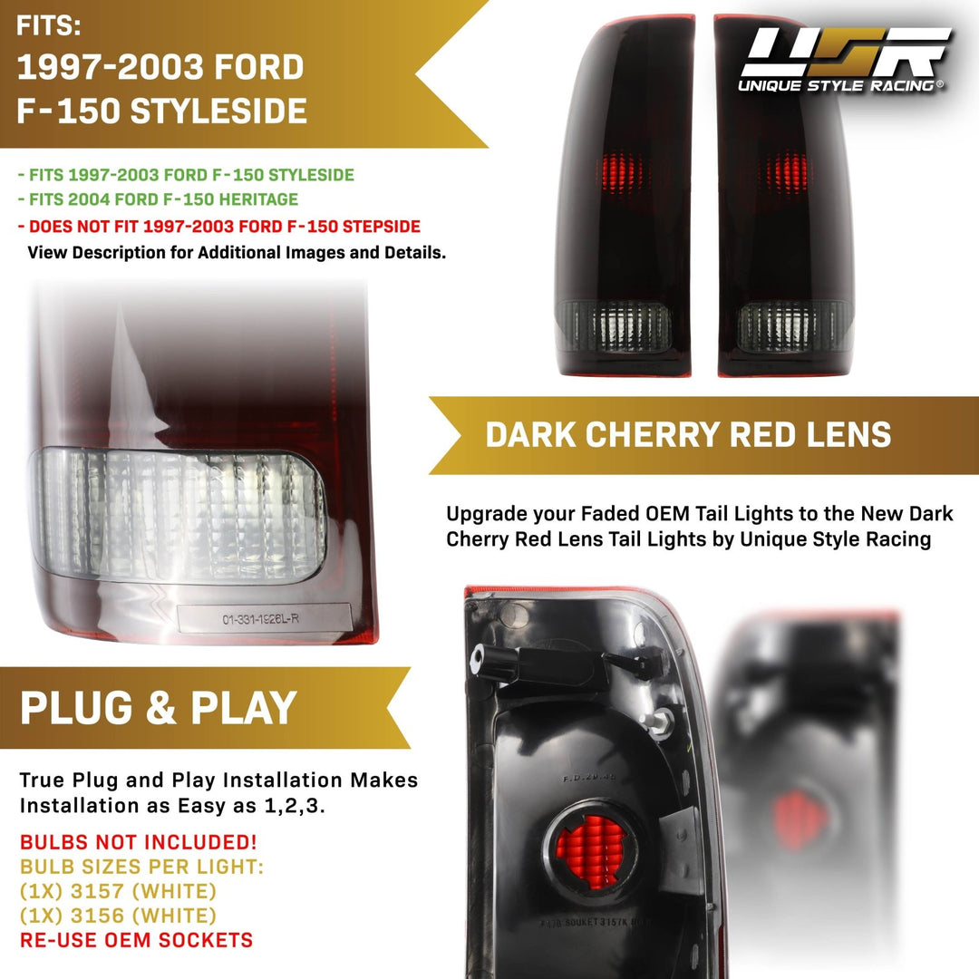 1997 - 2003 Ford F - 150 & 1999 - 2007 F - 250, F - 350, F - 450, F - 550 Super Duty Dark Red Smoke Lens Tail Lights