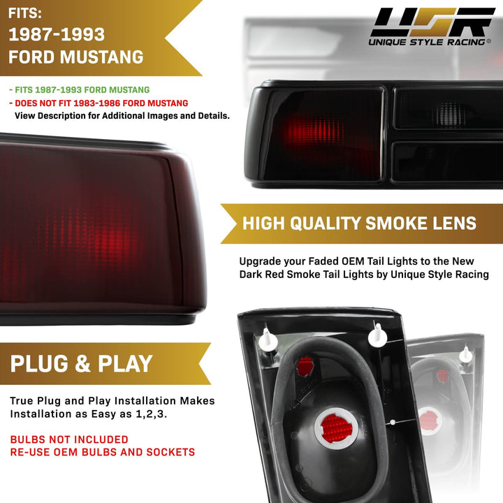 1987 - 1993 Ford Mustang Dark Red Smoke or All Smoke Lens Tail Lights