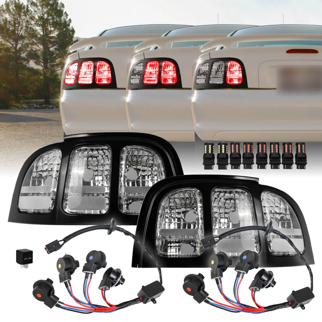 1996 - 1998 Ford Mustang Black Trim All Clear Lens Tail Lights
