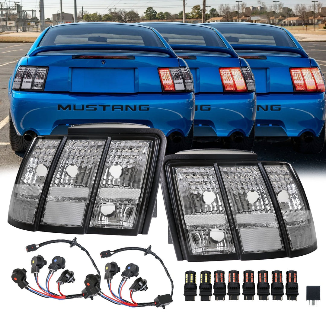 1992 - 2004 Ford Mustang V6 GT New Edge All Clear Euro Style Tail Light Plus Sequential Wire Harness with Relay & Canbus LED Bulbs