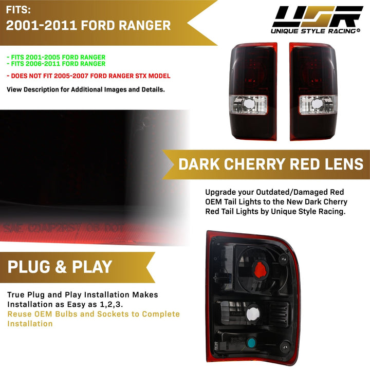 2001 - 2011 Ford Ranger Pickup Dark Red Smoked Lens Tail Lights