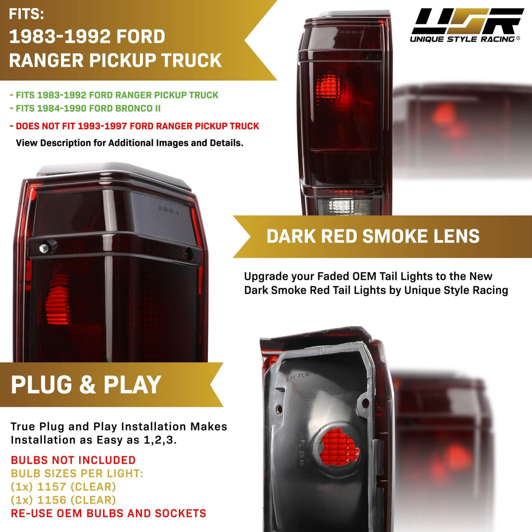 1983 - 1992 Ford Ranger Pickup Truck & 1984 - 1990 Bronco II Small SUV Dark Red Smoked Lens Tail Lights