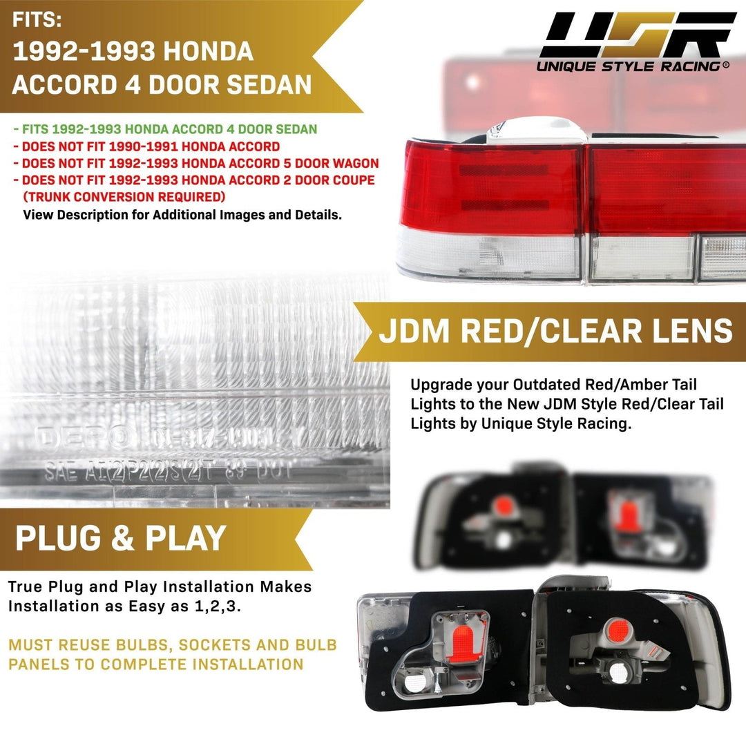 1992 - 1993 Honda Accord 4D Sedan JDM Red/Clear Lens 4 Piece Tail Lights