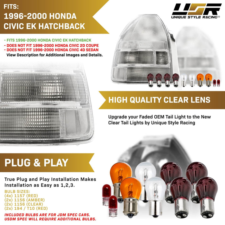 1996 - 2000 Honda Civic 3D Hatchback EK JDM SiR Style All Clear Lens Tail Light