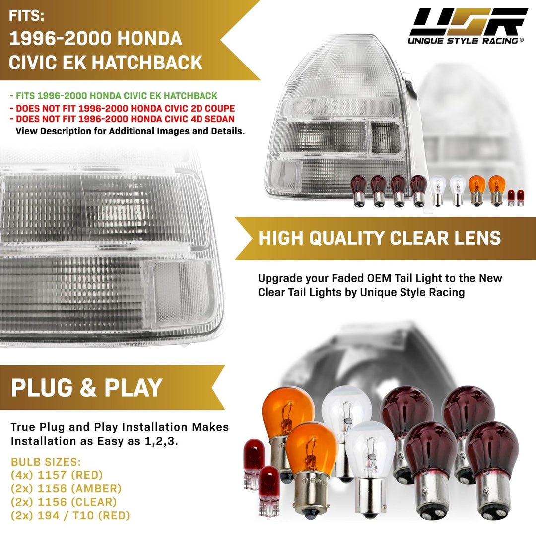 1996 - 2000 Honda Civic 3D Hatchback EK JDM SiR Style All Clear Lens Tail Light