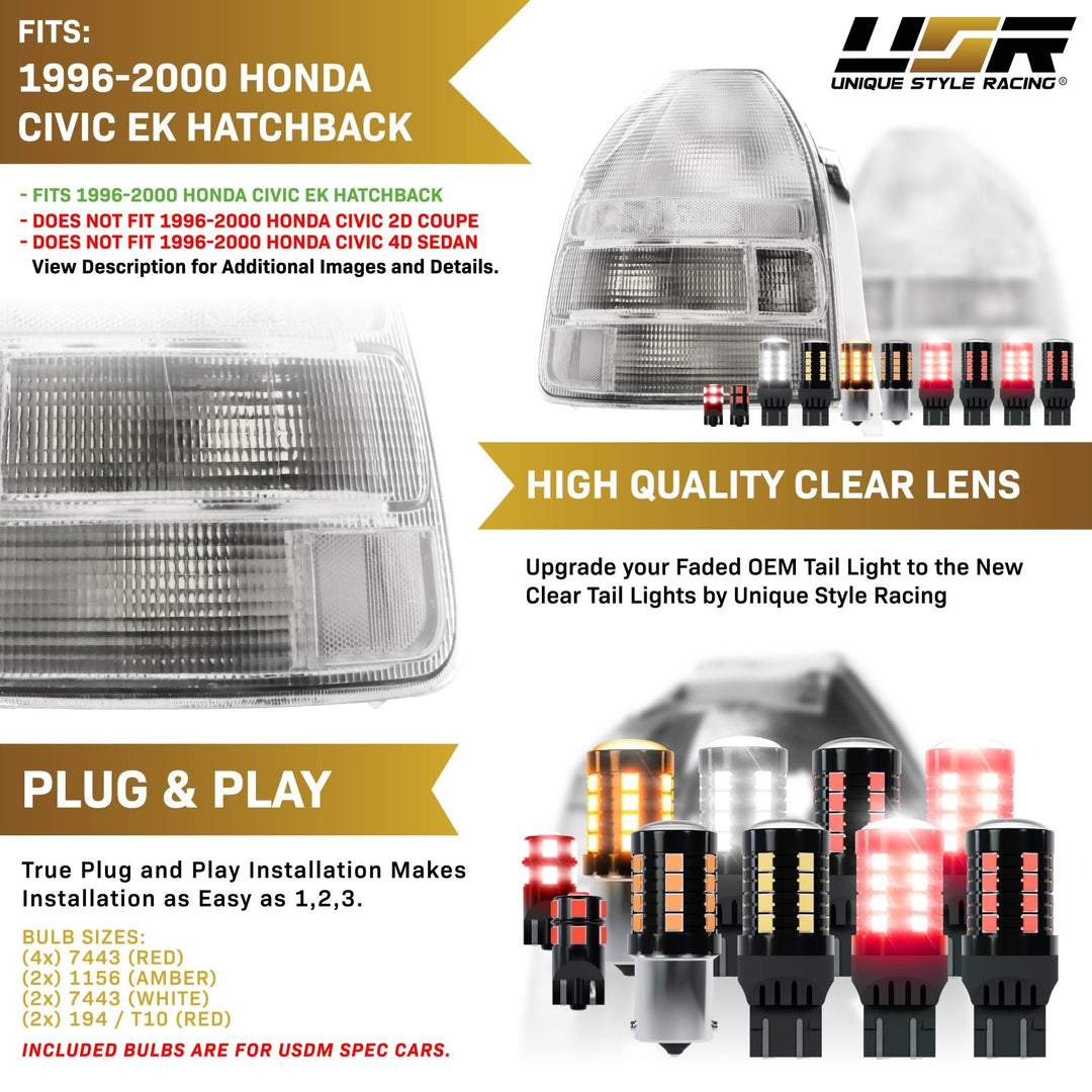 1996 - 2000 Honda Civic 3D Hatchback EK JDM SiR Style All Clear Lens Tail Light