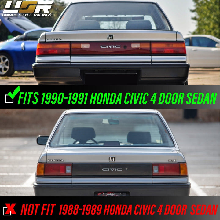 1990 - 1991 Honda Civic 4D Sedan JDM SiR Style All Clear Tail Light + Black Center Panel Wrap