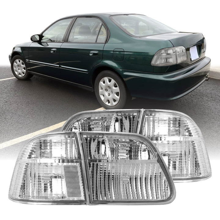 1999 - 2000 Honda Civic 4D Sedan EK JDM Style All Clear Lens Tail Light Inner + Outer, total of 4 Pieces