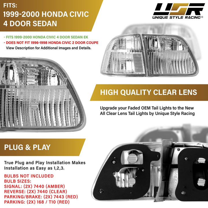 1999 - 2000 Honda Civic 4D Sedan EK JDM Style All Clear Lens Tail Light Inner + Outer, total of 4 Pieces