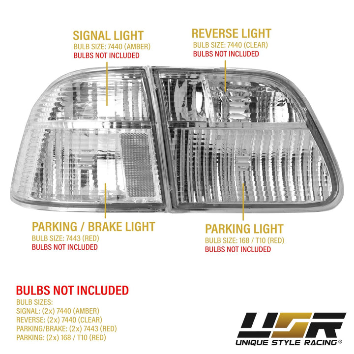 1999 - 2000 Honda Civic 4D Sedan EK JDM Style All Clear Lens Tail Light Inner + Outer, total of 4 Pieces