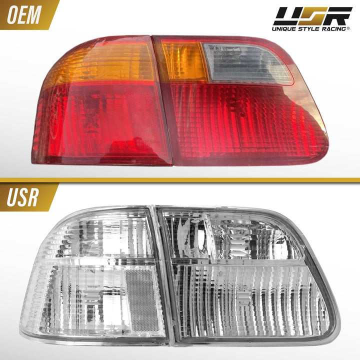 1999 - 2000 Honda Civic 4D Sedan EK JDM Style All Clear Lens Tail Light Inner + Outer, total of 4 Pieces