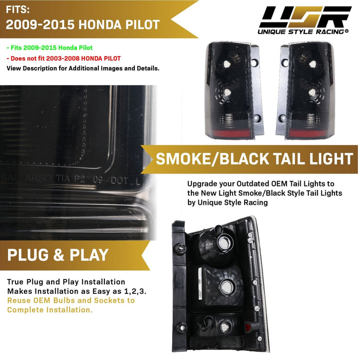2009 - 2015 Honda Pilot Light Smoke Lens Black Chrome Housing Tail Light