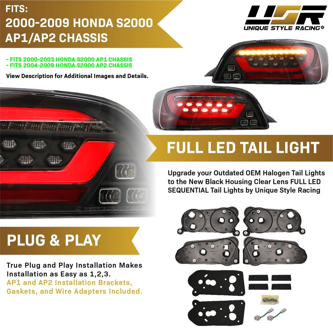 2000-2009 Honda S2000- AP1/AP2 Black/Clear or Black Chrome/Smoke Rear LED Light Bar Tail Light Set