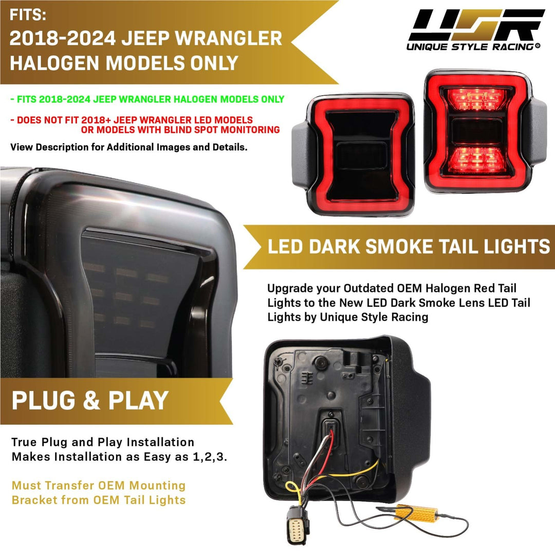 2018-2024 Jeep Wrangler JL Smoke Lens LED Tail Light Upgrade for Stock Halogen Models