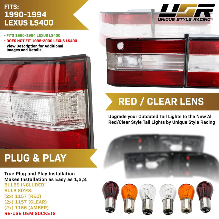 1990 - 1994 Lexus LS400 JDM Style Red / Clear Lens 4 Piece Tail Light