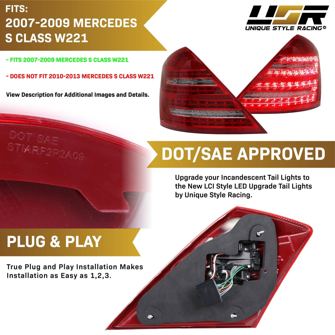 2007 - 2009 Mercedes S Class W221 Facelift Style Red/Clear LED Rear Tail Light