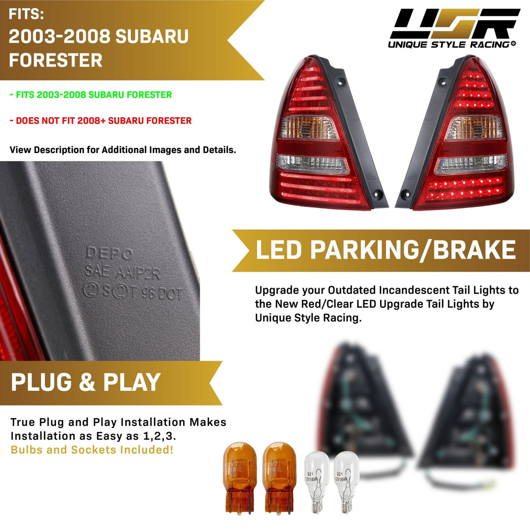 2003 - 2008 Subaru Forester JDM Style Red / Clear Lens LED Tail Lights