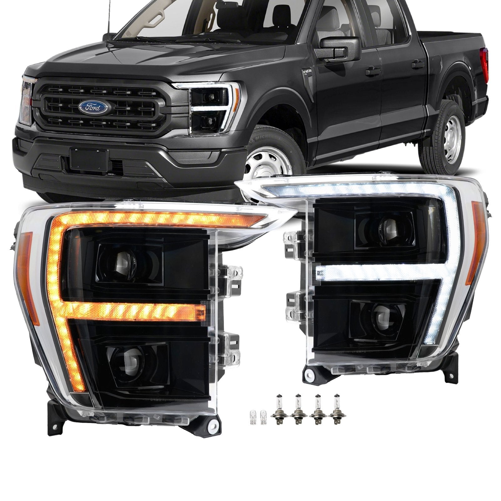 2021-2023 FORD F150 Sequential Signal Black Headlight plus QUAD Projector  with LED DRL (Halogen)