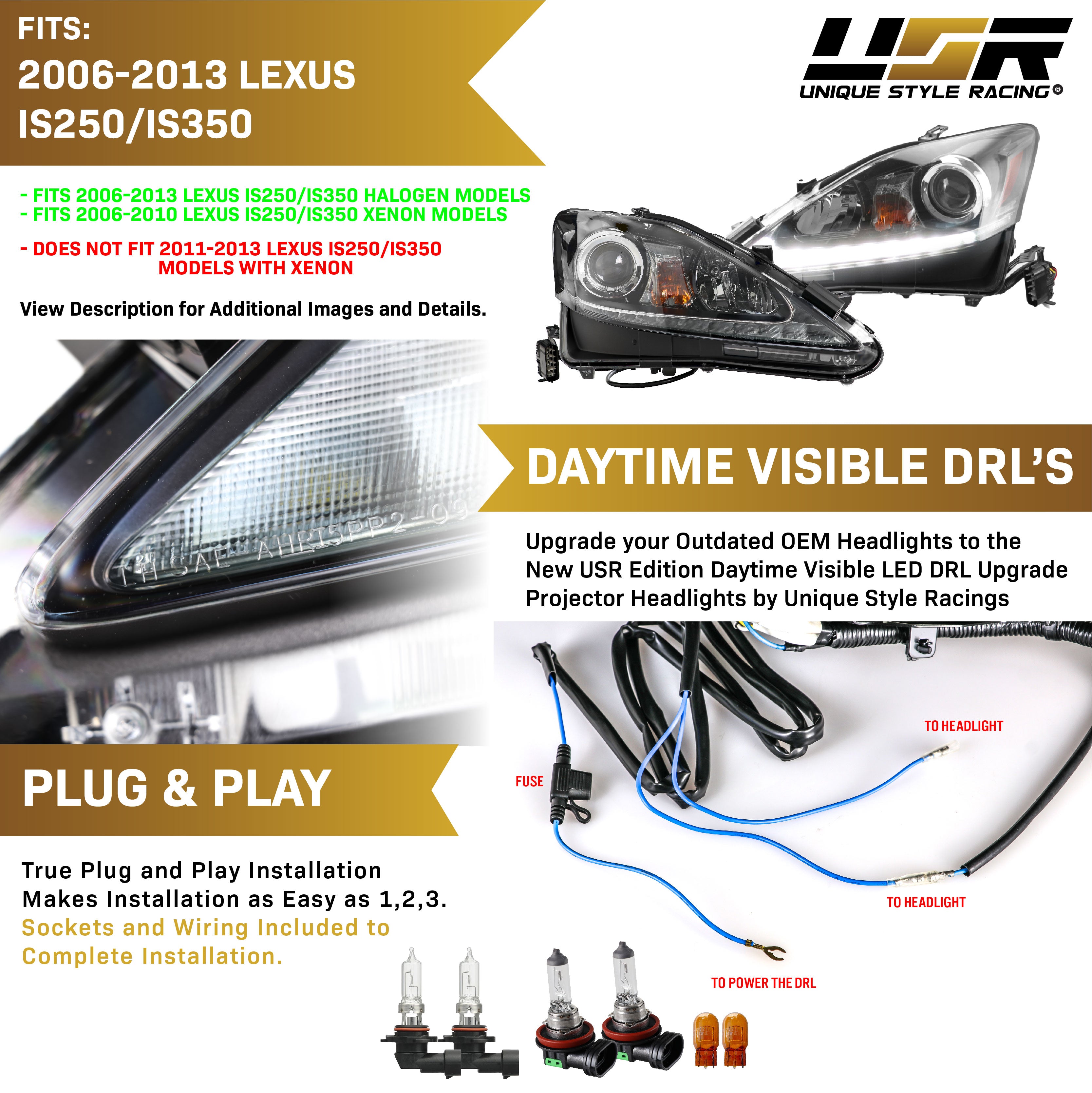2006-2013 Lexus IS250 IS350 ISF USR Edition Daytime Visible DRL LED Check  Mark Black Projector Headlight