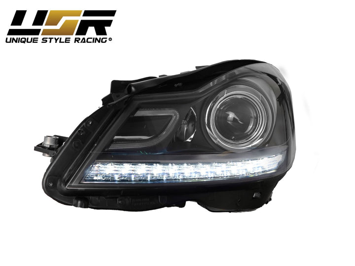 2012-2014 Mercedes Benz C Class W204 USR Edition Projector Headlight w/ White LED Strip DRL & Switchback Amber LED Turn Signal Halogen Model by DEPO