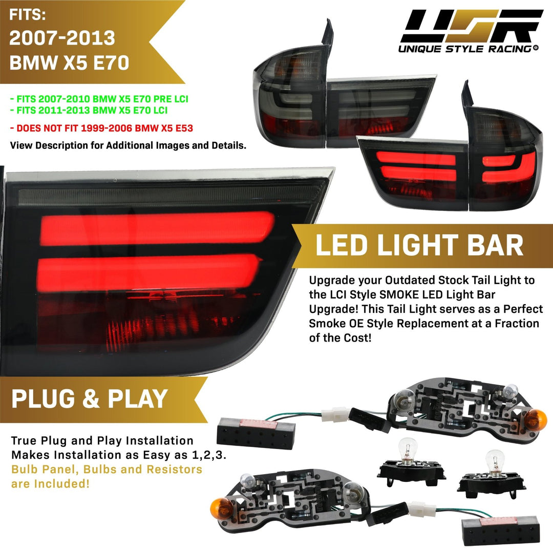 2007-2013 BMW E70 X5 OEM LCI Facelift Style Light Bar LED Smoke or Red/Clear Rear Tail Light Set Red / Clear Lens