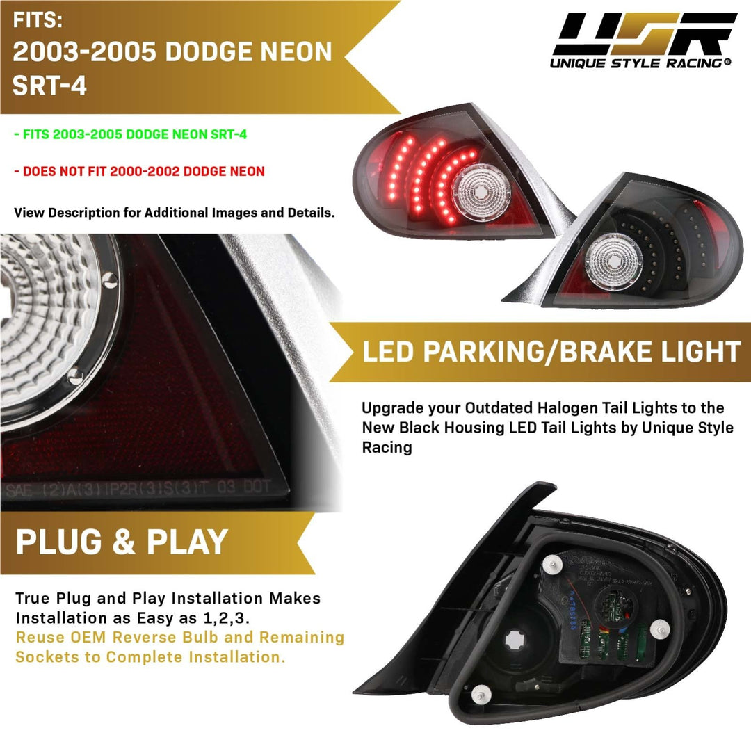 2003-2005 Dodge & Plymouth Neon 4D Sedan Black Housing Red LED Clear Lens Tail Light Set